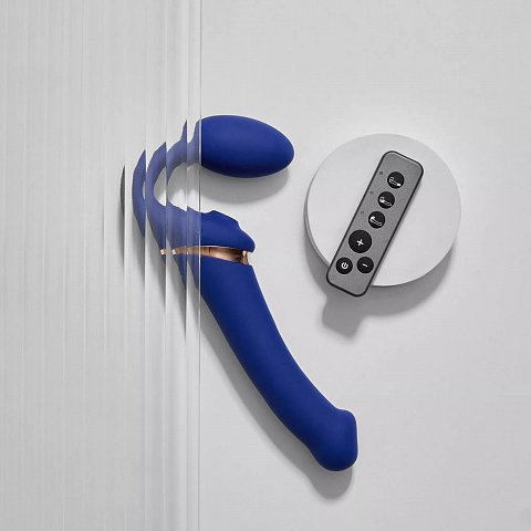 Синий безремневой страпон Multi Orgasm Bendable Strap-On size XL с клиторальной стимуляцией