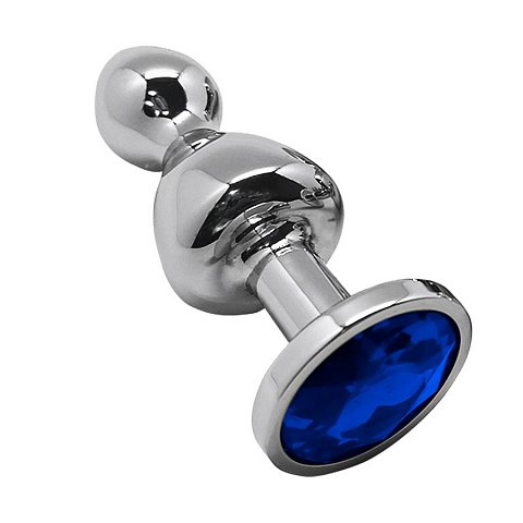 Серебристая анальная втулка Wooomy Lollypop L с синим кристаллом - 10,5 см.