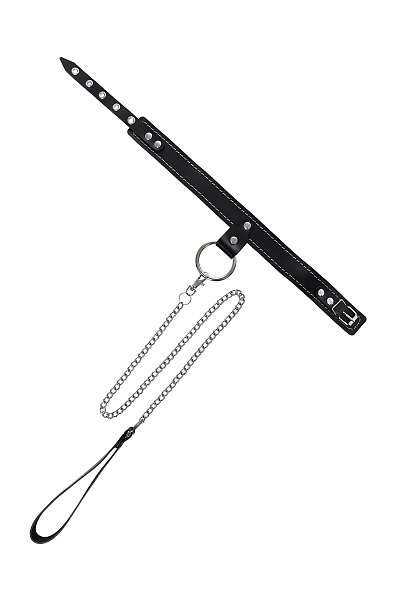 Черный узкий однослойный ошейник с серебристым поводком-цепочкой