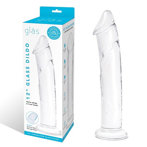 Большой стеклянный стимулятор 12’’ Glass Dildo With Veins   Flat Base - 28 см.