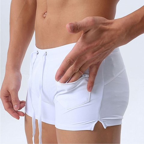 Белые мужские плавки-хипсы с кармашком на замке