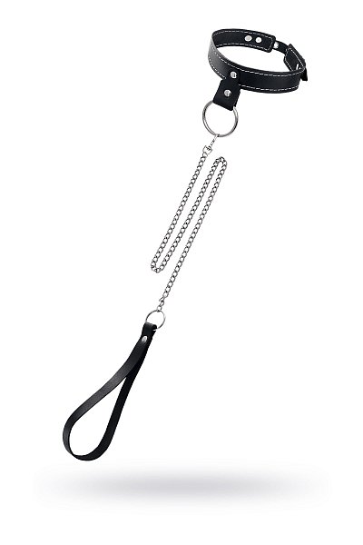 Черный узкий однослойный ошейник с серебристым поводком-цепочкой